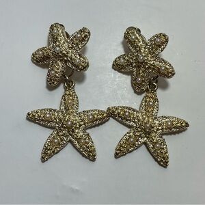 Starfish Pearl studded dangling earrings goldtone clip on 2.5”